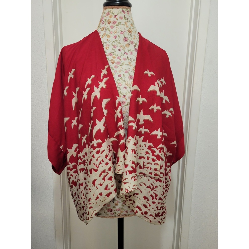 Pins And Needles Women Whimsical Japandi Flying Birds Red Top Kimono Cardigan S
